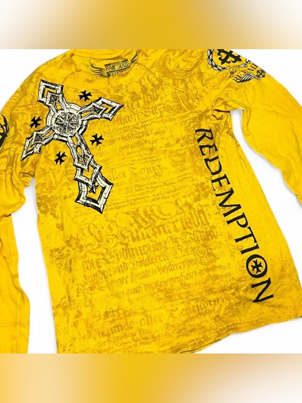 Raw State/Affliction Redemption Cross and Script Yellow Graphic Long Sleeve Tee